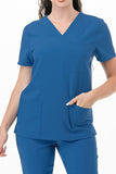 AJ1002 Medical Scrub Set 4 Way Stretch 6 Pockets V-Neck Top Joggers Pants Uniform Classic Blue