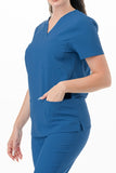 AJ1002 Medical Scrub Set 4 Way Stretch 6 Pockets V-Neck Top Joggers Pants Uniform Classic Blue