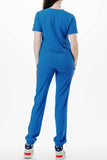 AJ1002 Medical Scrub Set 4 Way Stretch 6 Pockets V-Neck Top Joggers Pants Uniform Classic Blue