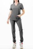 AJ1002 Medical Scrub Set 4 Way Stretch 6 Pockets V-Neck Top Joggers Pants Uniform Dark Grey