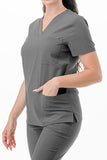 AJ1002 Medical Scrub Set 4 Way Stretch 6 Pockets V-Neck Top Joggers Pants Uniform Dark Grey