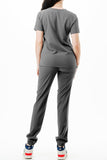 AJ1002 Medical Scrub Set 4 Way Stretch 6 Pockets V-Neck Top Joggers Pants Uniform Dark Grey