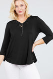 3/4 Sleeve V-Neck Rayon Spandex Flowy Top Button Detail Loose Fit MT10978