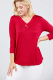 3/4 Sleeve V-Neck Rayon Spandex Flowy Top Button Detail Loose Fit MT10978