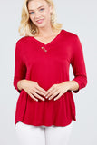 3/4 Sleeve V-Neck Rayon Spandex Flowy Top Button Detail Loose Fit MT10978