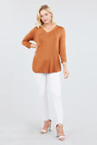 3/4 Sleeve V-Neck Rayon Spandex Flowy Top Button Detail Loose Fit MT10978