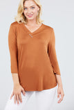 3/4 Sleeve V-Neck Rayon Spandex Flowy Top Button Detail Loose Fit MT10978