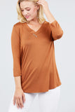 3/4 Sleeve V-Neck Rayon Spandex Flowy Top Button Detail Loose Fit MT10978