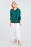 3/4 Sleeve V-Neck Rayon Spandex Flowy Top Button Detail Loose Fit MT10978