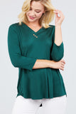 3/4 Sleeve V-Neck Rayon Spandex Flowy Top Button Detail Loose Fit MT10978