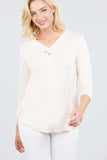 3/4 Sleeve V-Neck Rayon Spandex Flowy Top Button Detail Loose Fit MT10978