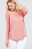 3/4 Sleeve V-Neck Rayon Spandex Flowy Top Button Detail Loose Fit MT10978