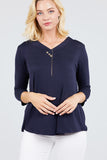 3/4 Sleeve V-Neck Rayon Spandex Flowy Top Button Detail Loose Fit MT10978