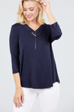 3/4 Sleeve V-Neck Rayon Spandex Flowy Top Button Detail Loose Fit MT10978